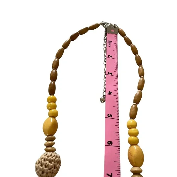 Chico's Long Wood Bead Leather Tassel Lariat Necklace Yellow Blue statement long - Picture 7 of 16